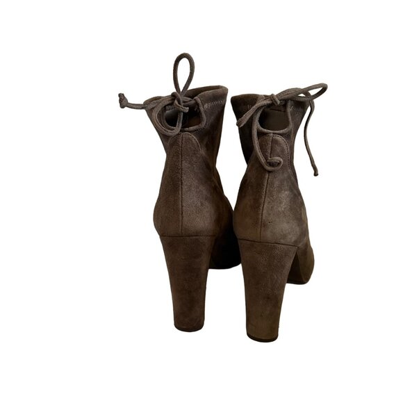 Stuart Weitzman Gray Microsuede Stretch Ankle Tie Heeled Booties Size 10 - Picture 7 of 10